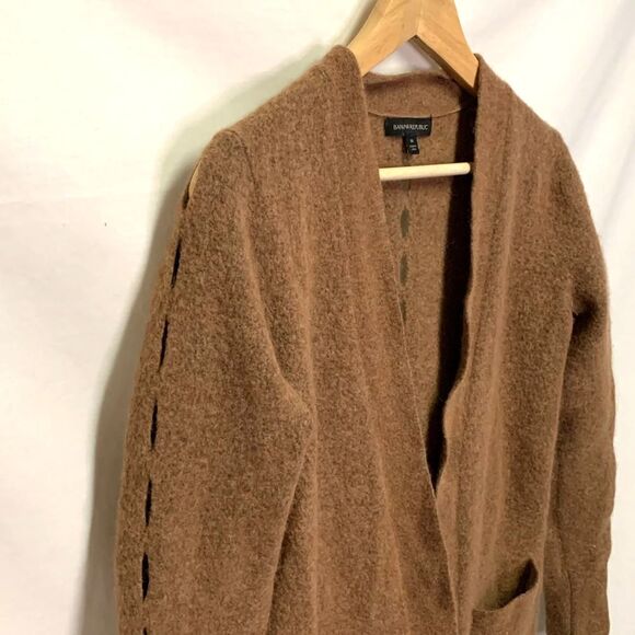 Banana Republic Brown Wool Blend Diamond Cutout Open Front LS Cardigan Size M - Picture 3 of 13